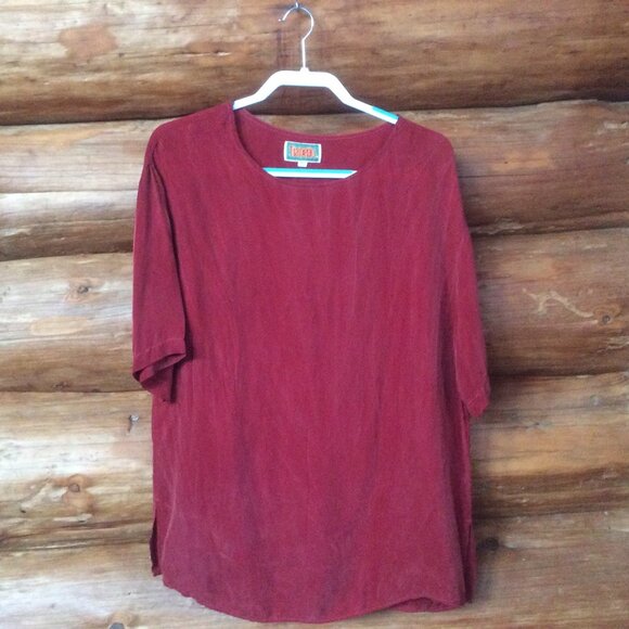 Tianello Red Sueded Cupro Short Sleeve Relaxed Blouse Made in USA Size Large - Picture 1 of 4